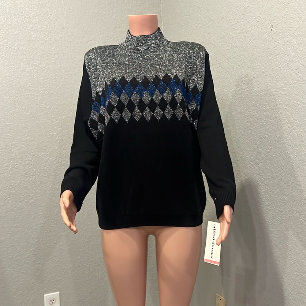 Alfred Dunner Diamond Pattern Sweater Size 1X LA SCALA BLACK SHINE SILVER NWT#83